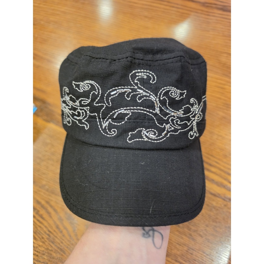 Y2K Style Scala Pronto Rhinestone Military Hat Black Studded Cap